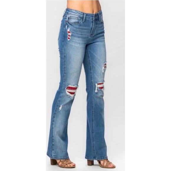 Judy Blue Denim - Judy Blue Womens Plaid Patch Jeans Size 7/28 Mid Rise Boot Cut Light Wash